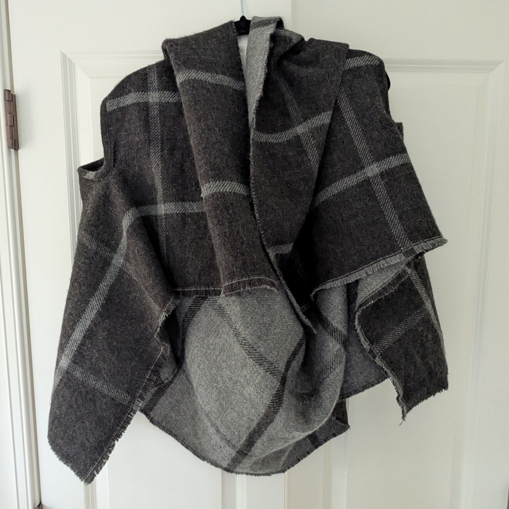 Flannel Gray Reversible Poncho Wrap With Arm Holes Women's One Size Fits Most